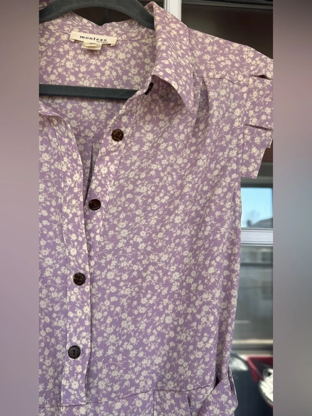 Monteau Georgette Purple Cream Floral Button FrontTie Shirt Midi Dress - size L - Picture 2 of 6